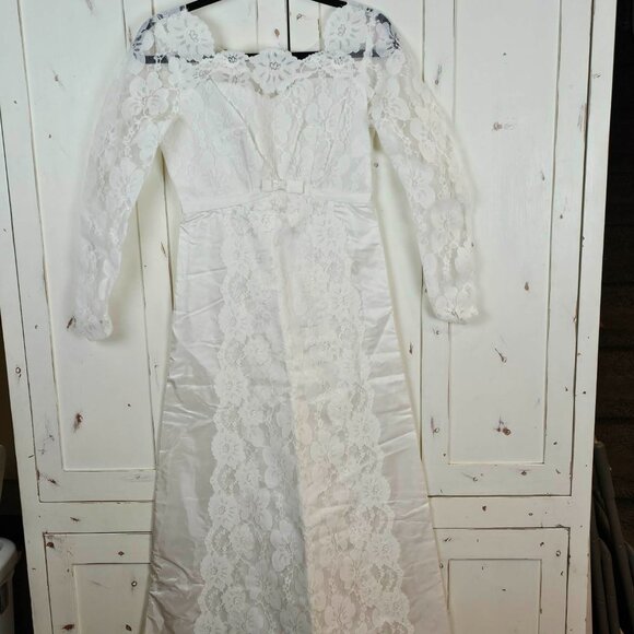 Vintage Dresses & Skirts - Vintage Lace Wedding Dress 70s Long Sleeve Boho Bridal Gown Cottagecore Small